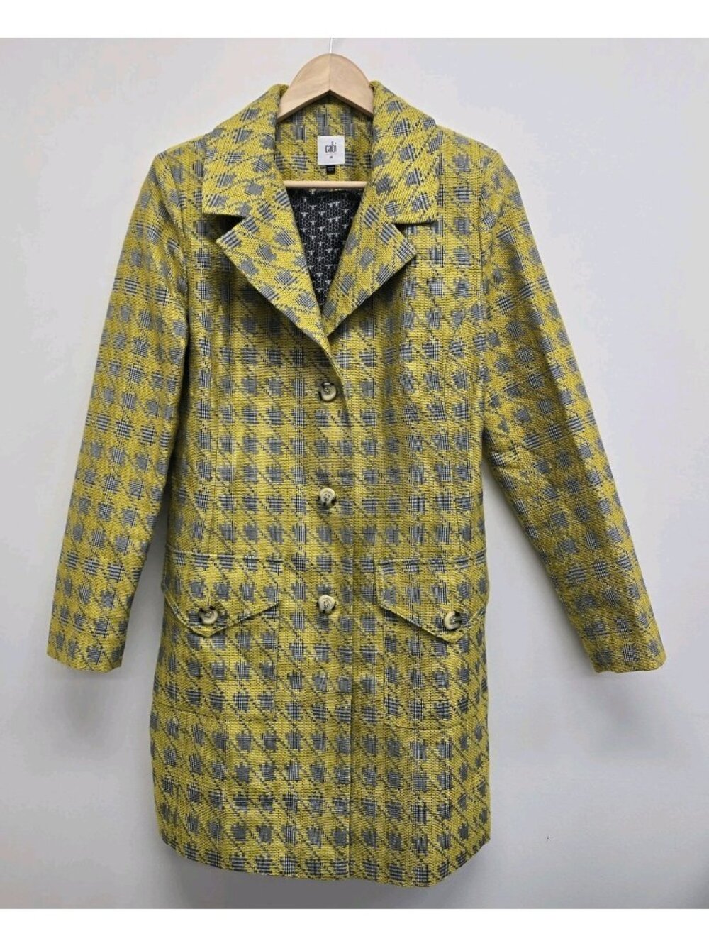 Cabi Regency Houndstooth Jacket M Preppy Old Money Bee Print Lining Yellow
